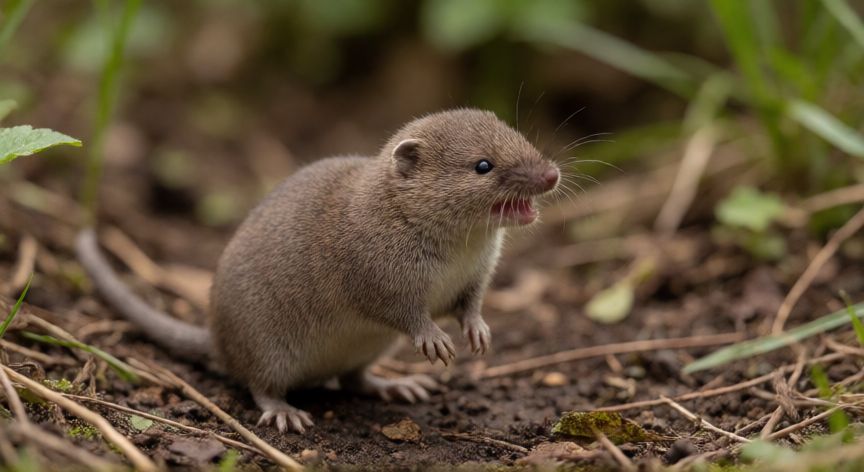 que animal zumba, Musaraña pequeña en el suelo del bosque haciendo un gesto de sonido