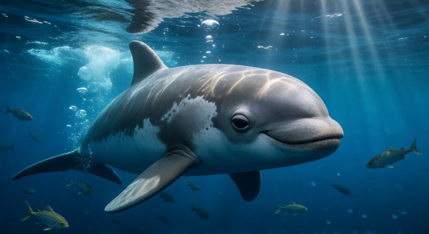 qué animales están en peligro de extinción, Vaquita marina nadando en el océano