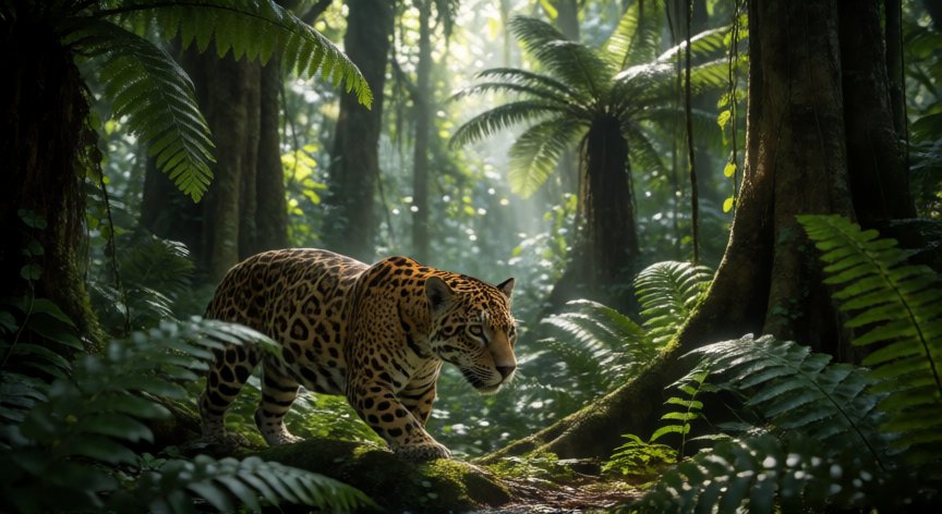 qué animales hay en la selva, Jaguar caminando entre la vegetación densa de la selva tropical