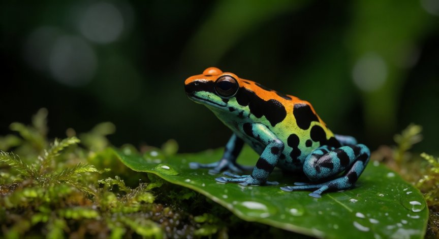 qué animales hay en la selva, Rana dardo venenosa sobre una hoja verde en la selva