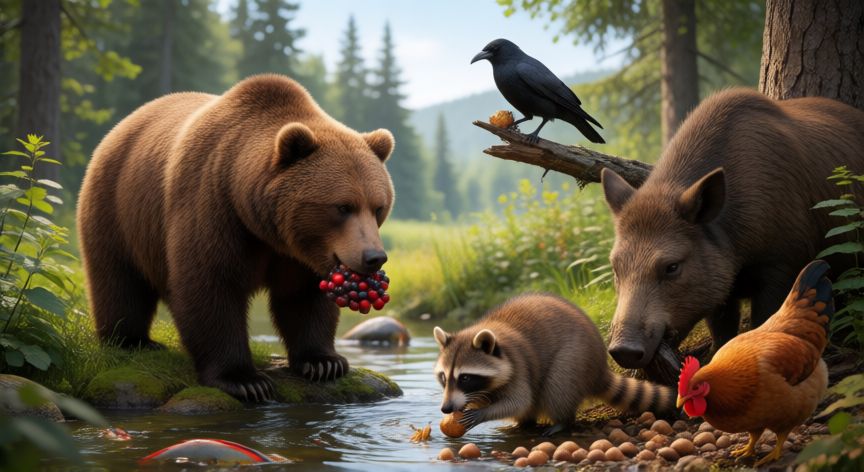 qué animales son omnívoros, Animales omnívoros en un bosque y humedal mostrando su alimentación mixta con frutos, insectos, peces y semillas