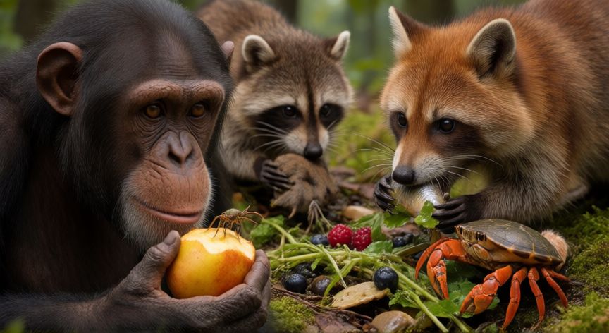 qué animales son omnívoros, Primer plano de animales omnívoros consumiendo frutos, insectos, peces pequeños y materia vegetal en su hábitat