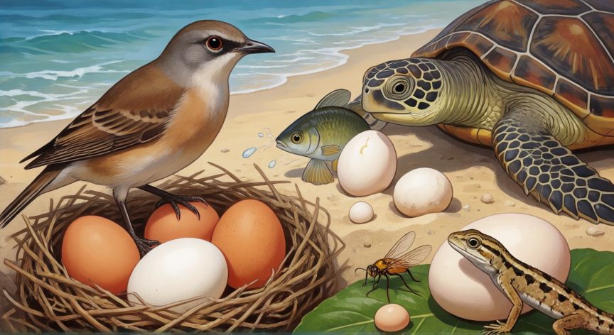 qué animales son ovíparos, Ilustración de animales ovíparos con aves, tortugas marinas, peces, insectos y reptiles