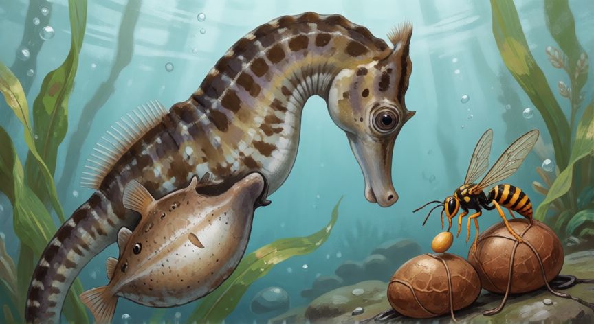 qué animales son ovíparos, Adaptaciones de animales ovíparos como caballitos de mar, tiburones, avispas y ornitorrincos