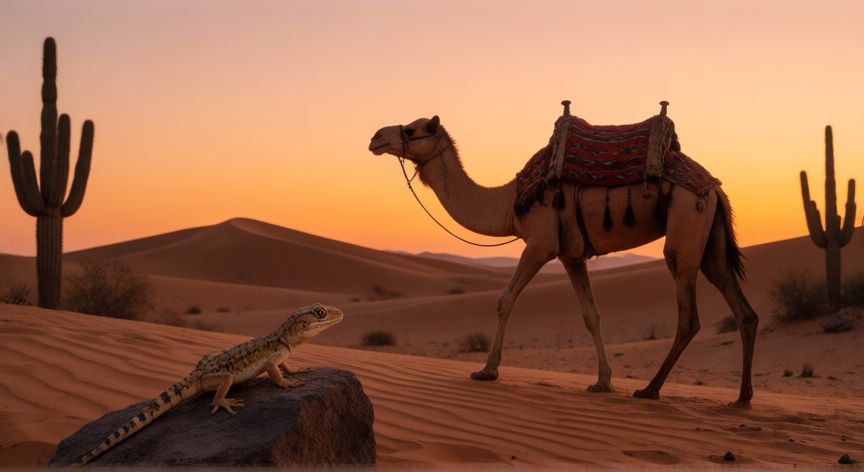 qué animales viven en el desierto, Camello y lagarto en un paisaje desértico al atardecer