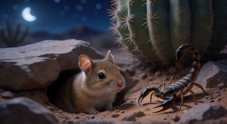qué animales viven en el desierto, Fauna nocturna del desierto con roedor y escorpión cerca de una madriguera