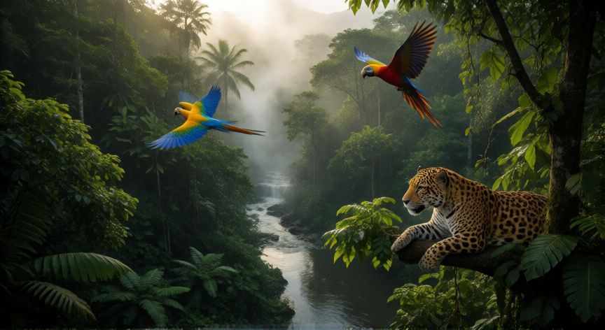 qué animales viven en la selva, Vista aérea de la selva tropical con jaguar y guacamayos entre las copas de los árboles