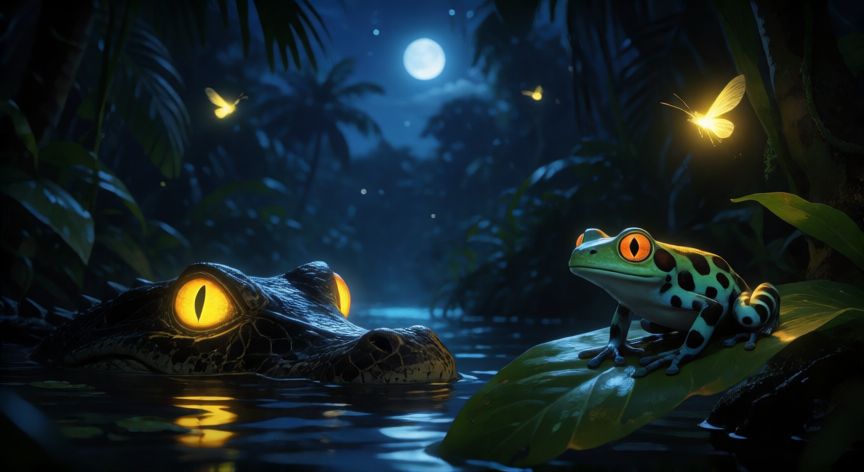 qué animales viven en la selva, Escena nocturna de la selva con fauna nocturna, rana venenosa y caimán entre la vegetación