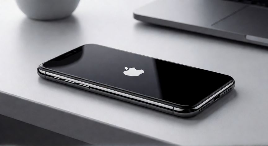 iPhone X sobre una mesa de escritorio moderna con iluminación de estudio