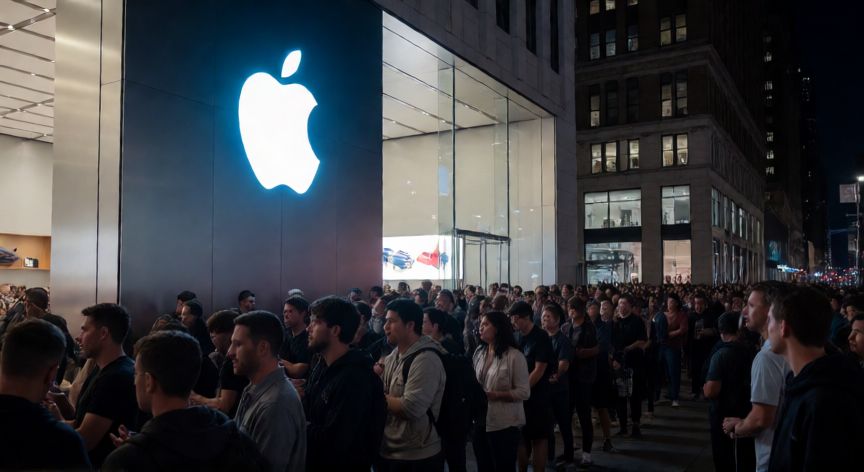 que año salio el iphone x, Multitud de personas haciendo cola frente a una tienda Apple durante el lanzamiento