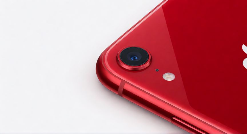 Vista trasera de un iPhone XR rojo sobre escritorio