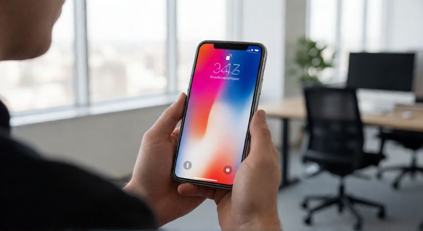que año salio el iphone xr, Persona sosteniendo un iPhone XR encendido en oficina