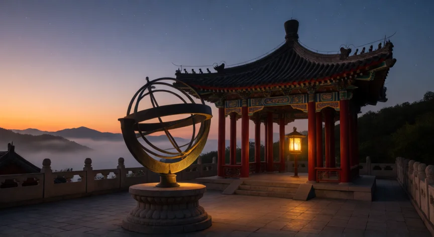 qué aportaciones hicieron los chinos a la astronomía, Esfera armilar de bronce china en un observatorio tradicional al atardecer