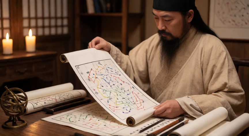 qué aportaciones hicieron los chinos a la astronomía, Astrónomo chino de la dinastía Ming estudiando un mapa estelar antiguo a la luz de una vela