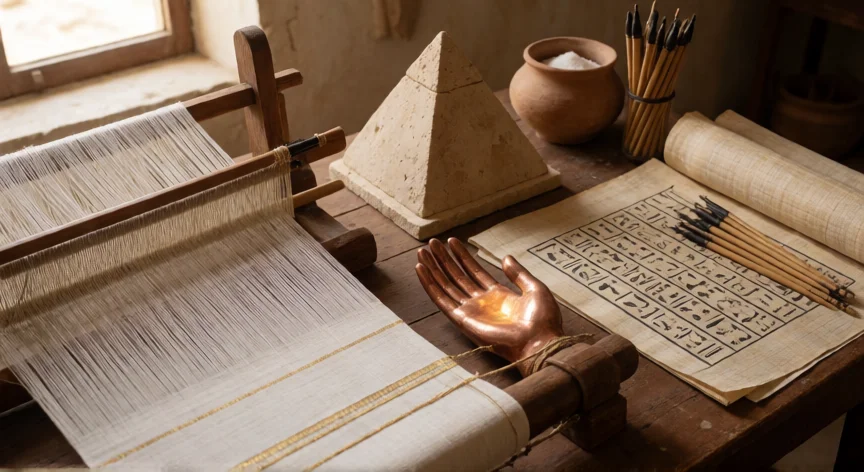 que aportaciones hicieron los egipcios, Taller artesanal egipcio con telar de lino, papiros y herramientas de escritura