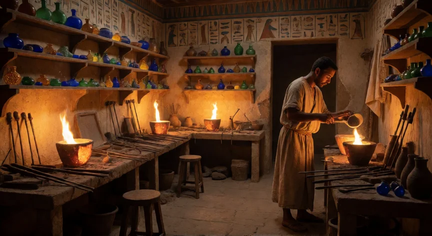 Taller de artesanos egipcios fabricando vidrio con óxidos metálicos para dar color