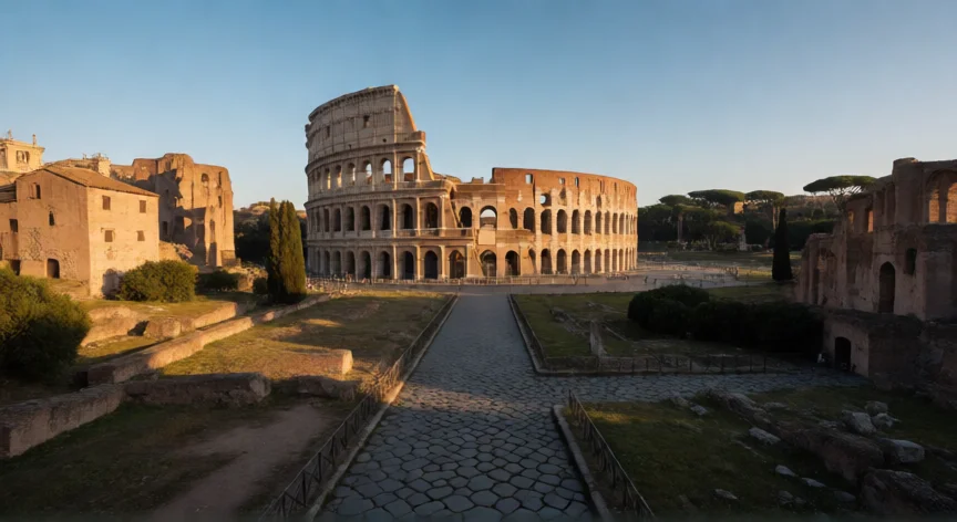 que aportaciones hicieron los romanos, Vista aérea del Coliseo romano con una calzada romana pavimentada al atardecer