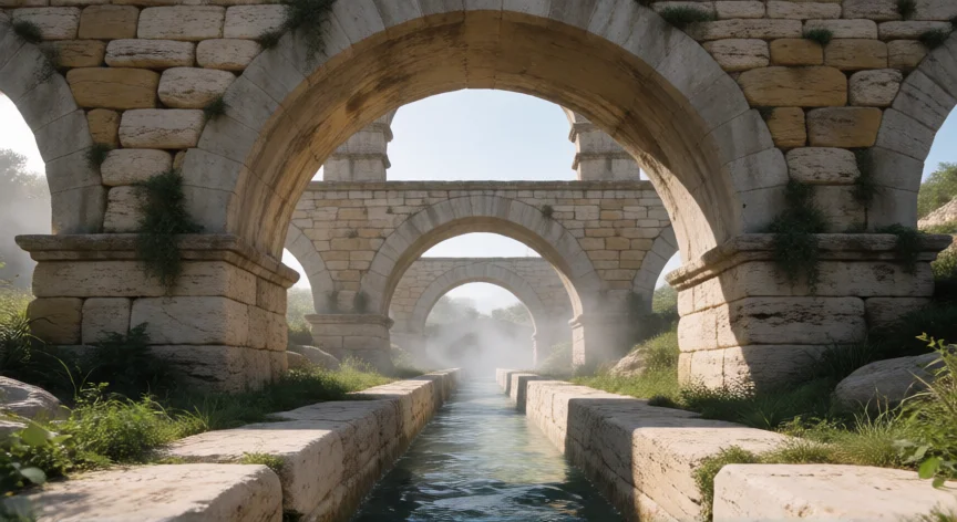 que aportaciones hicieron los romanos, Interior de un acueducto romano con agua fluyendo entre arcos de concreto y travertino