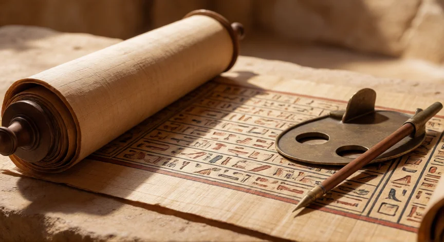 qué aportes hicieron los egipcios a la humanidad, Pergamino de papiro egipcio con jeroglifos y utensilios de escritura antiguos