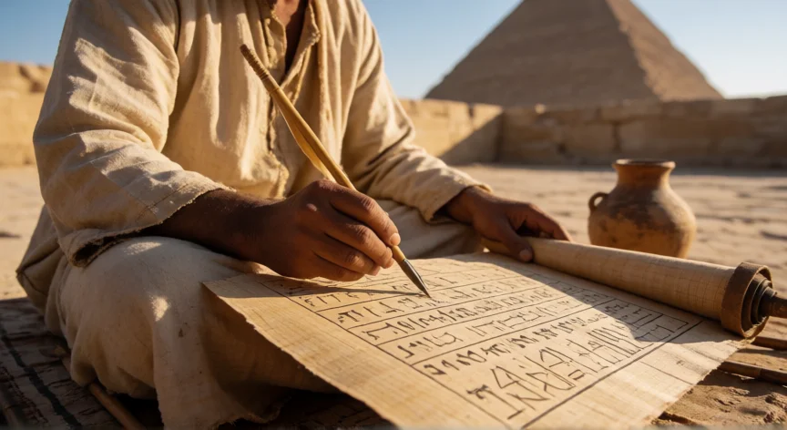 Escriba egipcio antiguo resolviendo problemas matemáticos en un papiro junto a una pirámide