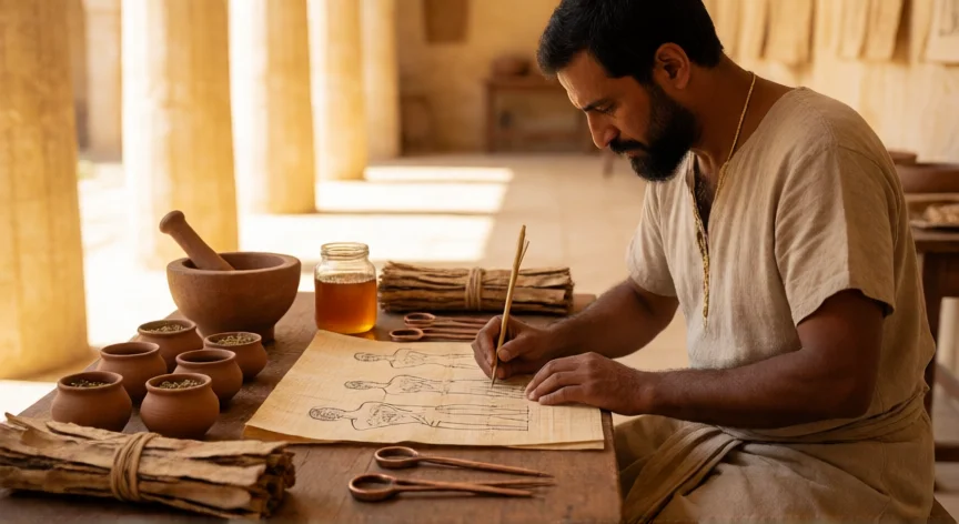 Médico egipcio trabajando con instrumentos quirúrgicos y papiros en un taller de medicina
