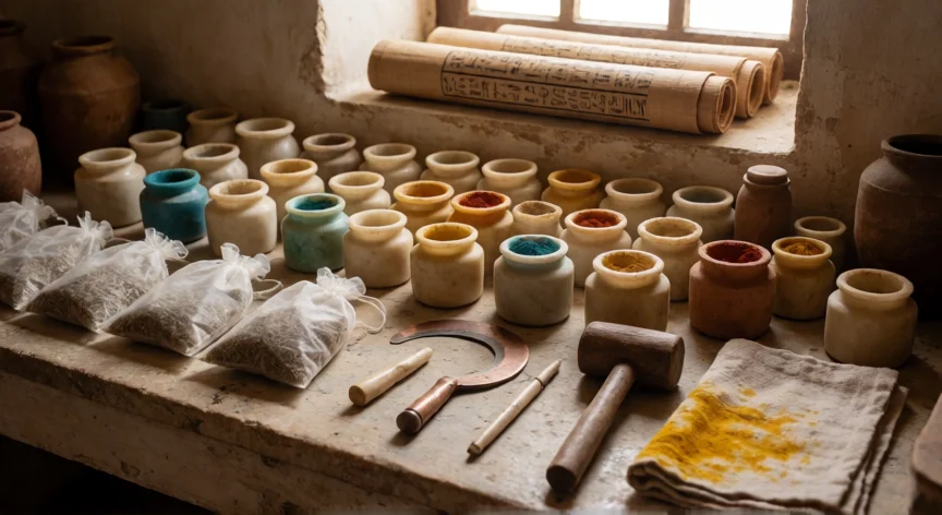 que aportes hicieron los egipcios a la medicina, Mesa de farmacología egipcia con jarros de remedios, hierbas secas e instrumentos de bronce