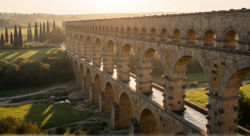 que aportes hicieron los romanos a la arquitectura, Acueducto romano de varios niveles de arcos atravesando un valle toscano al atardecer