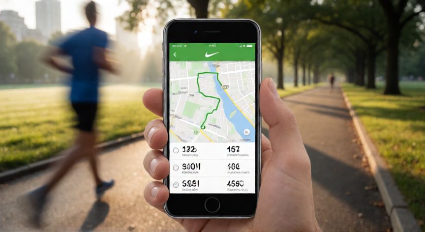 que app es mejor para correr nike o adidas, Pantalla de la app Nike Run Club mostrando mapa y estadísticas de carrera en el móvil