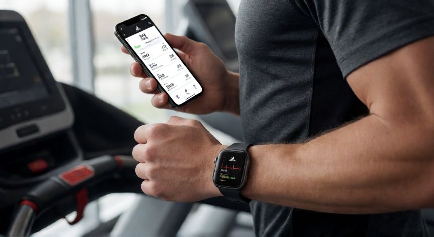 que app es mejor para correr nike o adidas, Corredor usando reloj inteligente de Adidas y mostrando la app de running en el móvil