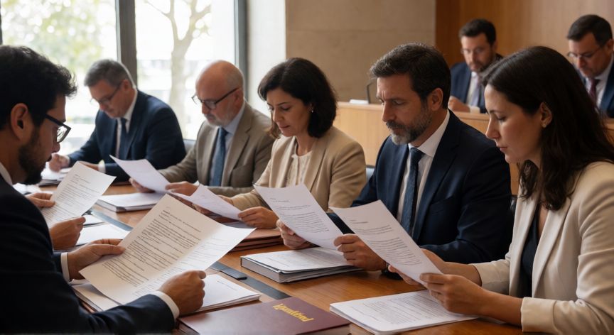 qué artículos cambiarías para garantizar igualdad de derechos, Legisladores diversos revisando documentos legales sobre igualdad de derechos en una cámara parlamentaria