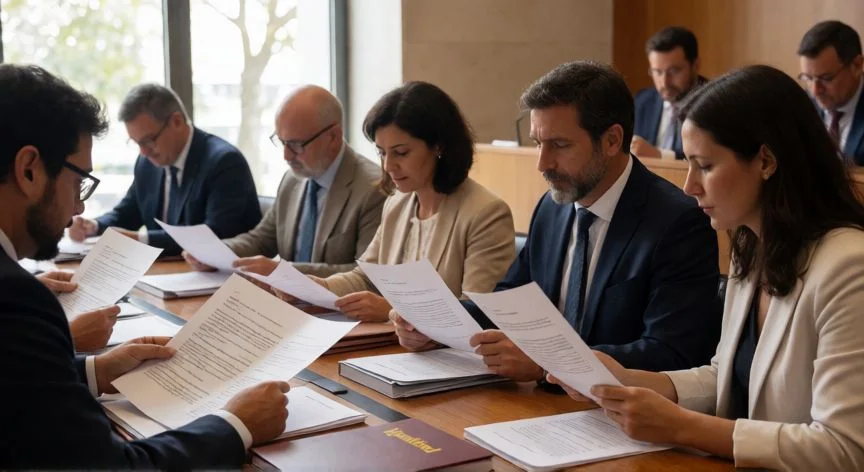 Legisladores diversos revisando documentos legales sobre igualdad de derechos en una cámara parlamentaria