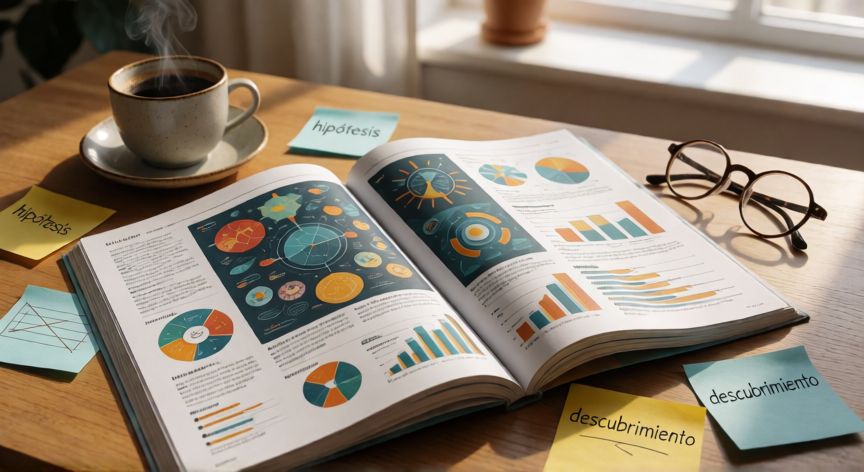qué cambiarías al realizar tus siguientes revistas de divulgación científica, Escritorio editorial con una revista de divulgación científica abierta mostrando infografías y datos científicos