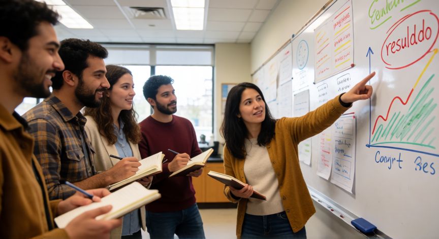 qué cambiarías al realizar tus siguientes revistas de divulgación científica, Grupo de científicos colaborando alrededor de una pizarra con diagramas en un laboratorio moderno
