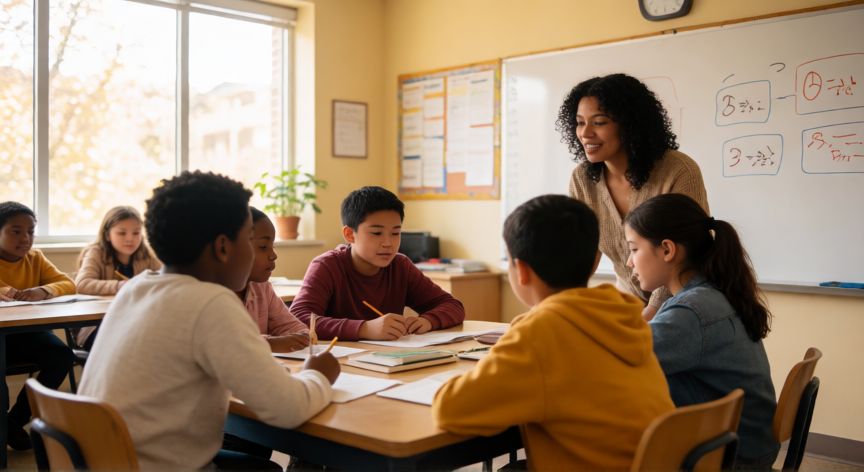 que cambiarias de la escuela, Aula moderna con estudiantes colaborando en proyectos