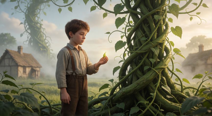 que cambiarias de la historia del cuento de jack, Jack de pie junto al inicio del tallo de haba mágica, sosteniendo una semilla brillante.
