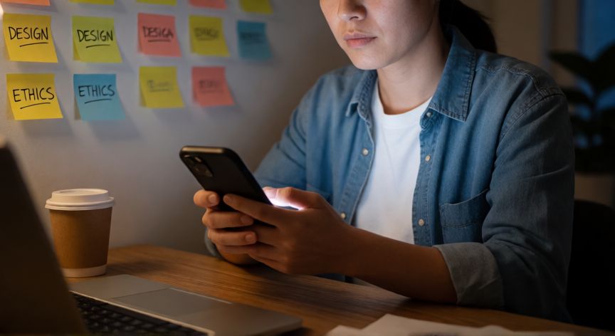que cambiarias de las redes sociales, Persona con el móvil en la mano reflexionando sobre el diseño adictivo de las redes sociales