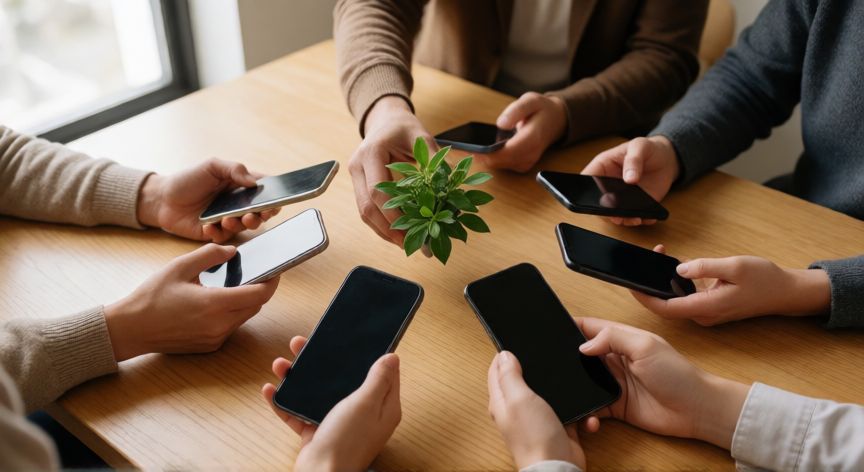 que cambiarias de las redes sociales, Manos sobre una mesa eligiendo la conexión real por encima de las pantallas