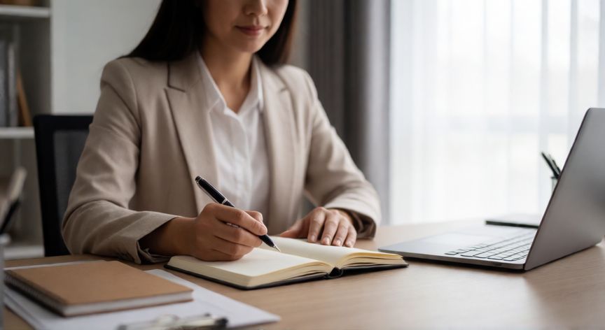 que cambiarias de ti entrevista de trabajo, Persona preparándose para una entrevista de trabajo en un escritorio ordenado
