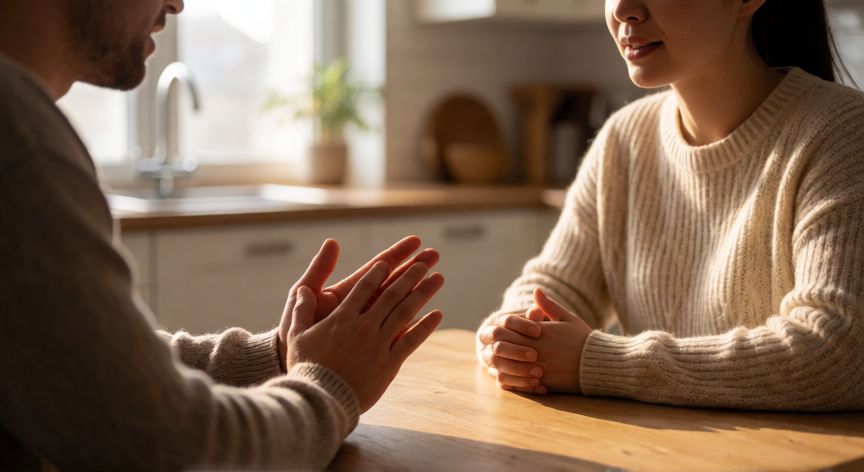 que cambiarias de tu pareja, Pareja conversando con calma y respeto en una mesa de cocina, comunicación emocional y diálogo en la relación de pareja