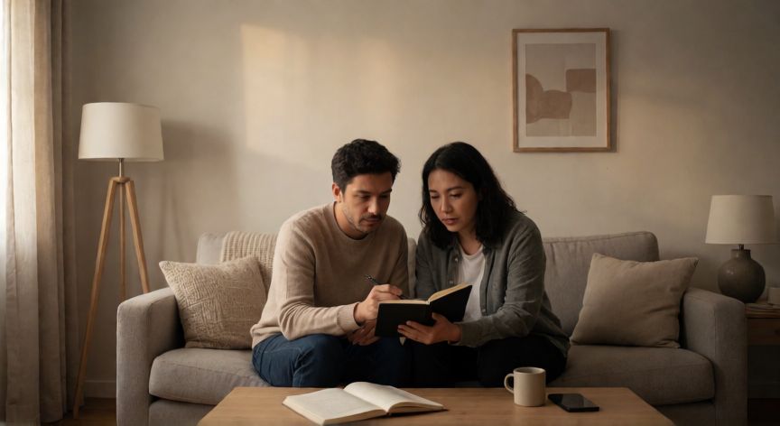 que cambiarias de tu pareja, Dos personas planificando límites y acuerdos de pareja en un salón luminoso, terapia emocional y responsabilidad compartida