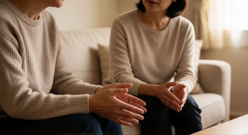 que cambiarias de una mujer, Dos personas conversando con calma y respeto en un salón luminoso