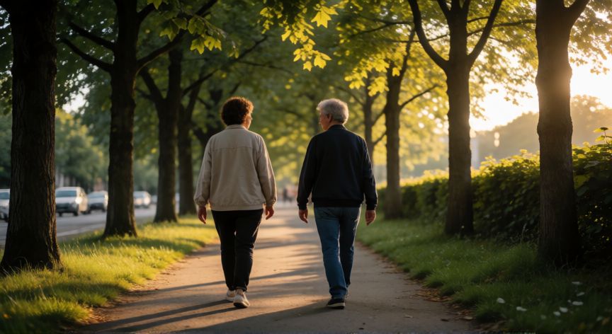 que cambiarias de una mujer, Pareja caminando junta por un sendero arbolado al atardecer