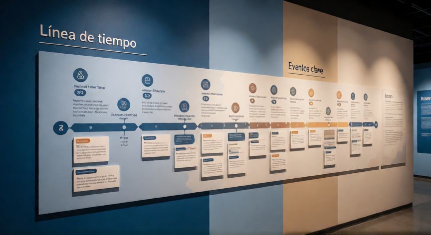 qué cambiarías en la estructura de las líneas del tiempo, Diseño moderno de línea de tiempo educativa en un museo con eventos clave
