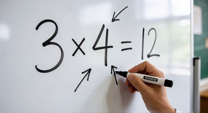 que cambiarias en la imagen para poder escribir una expresion de multiplicacion, Pizarra con una expresión de multiplicación escrita con marcador