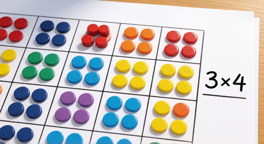que cambiarias en la imagen para poder escribir una expresion de multiplicacion, Cuadrícula de objetos organizada en filas y columnas junto a una expresión de multiplicación