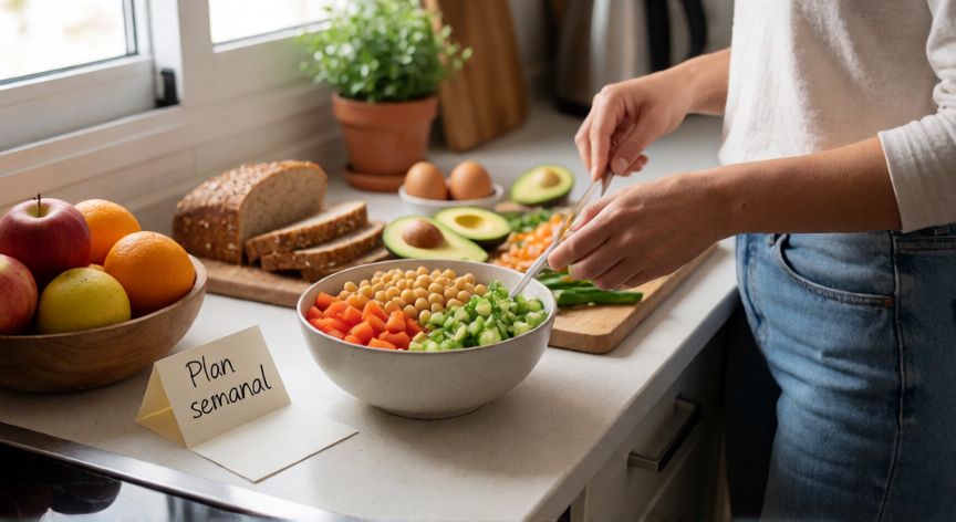qué cambiarías para consumir más alimentos saludables, Preparación de alimentos saludables en la cocina con verduras, legumbres y fruta para facilitar una alimentación equilibrada