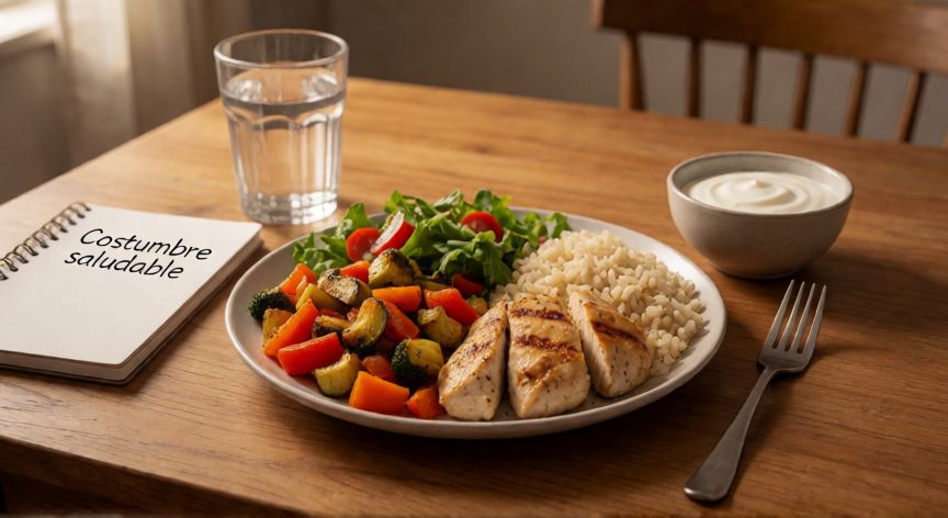 qué cambiarías para consumir más alimentos saludables, Plato saludable con vegetales, proteína y cereales acompañado de agua y cuaderno para reforzar hábitos de alimentación