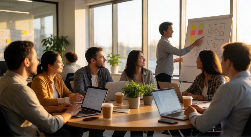 que cambiarias para mejorar el ambiente laboral, Equipo diverso colaborando en oficina abierta con luz natural y ambiente relajado