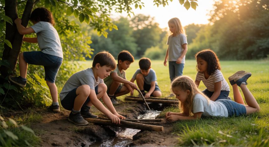 que cambiarias para mejorar la vida de los niños, Niños jugando libremente en un parque natural al aire libre