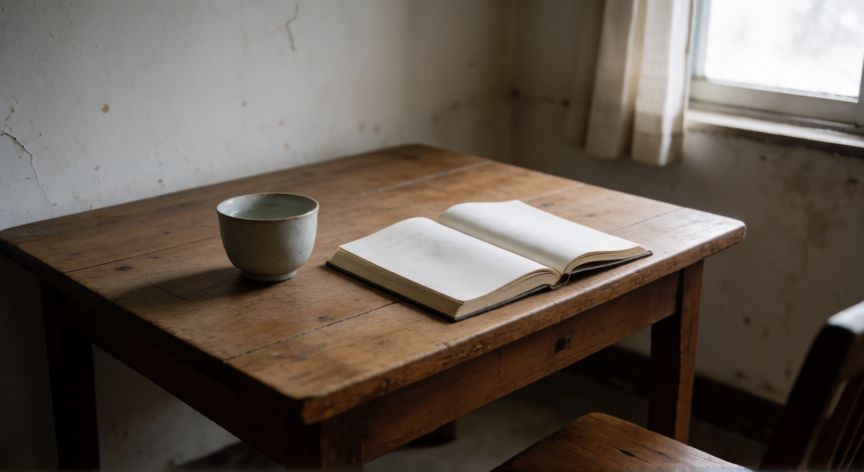 qué cambiarías tú en su lugar de jesús, Mesa sencilla con luz suave que evoca reflexión y servicio cotidiano